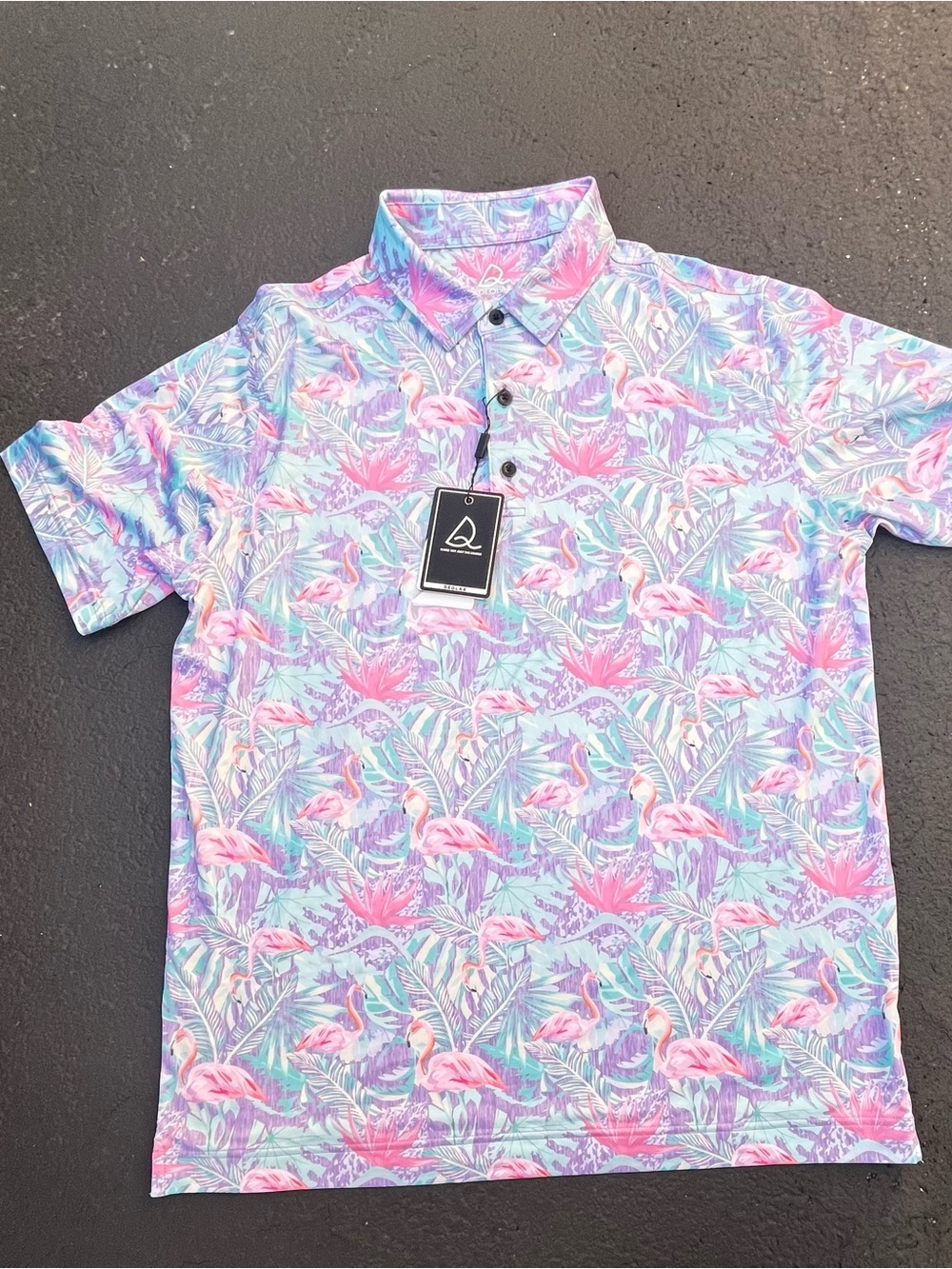 Deolax multi-color flamingo pattern performance golf polo shirt Size Large BNWT